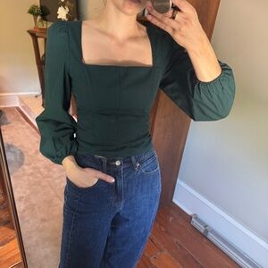 Abercrombie Emerald Green Puff Sleeve Square Neck Top